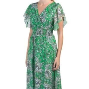 NEW Le Ragazze Sz Large Floral Print Flowy Silk Blend Sweetheart Boho Maxi Dress